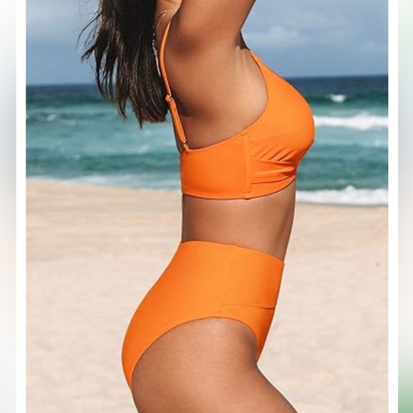 CUPSHE Twist High Waisted V Neck Spaghetti Straps Orange Bikini Swimsuit Size S - Picture 12 of 13